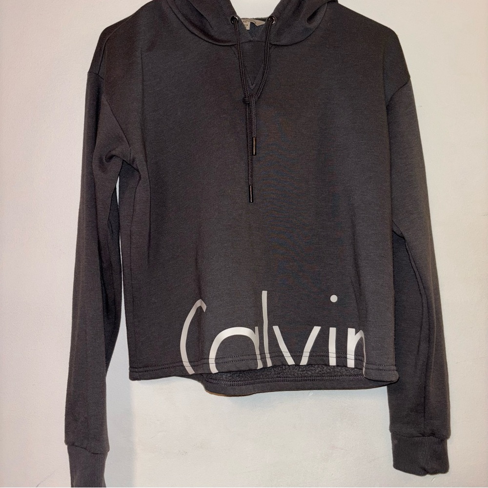 Calvin Klein Performance Cropped Logo Hem Drawstring Hoodie Charcoal Grey M